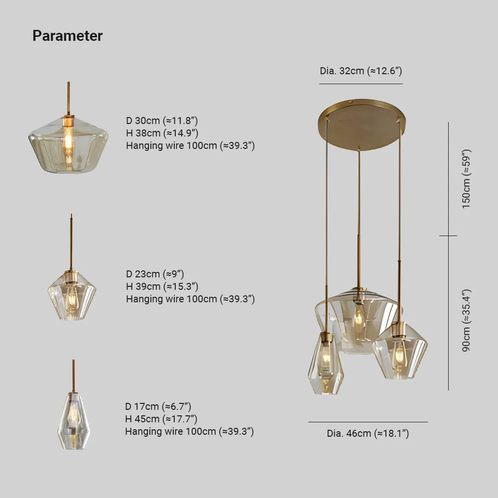 June Pendant Light Glass, Clear/Amber Diamond shape - Hey Lighting