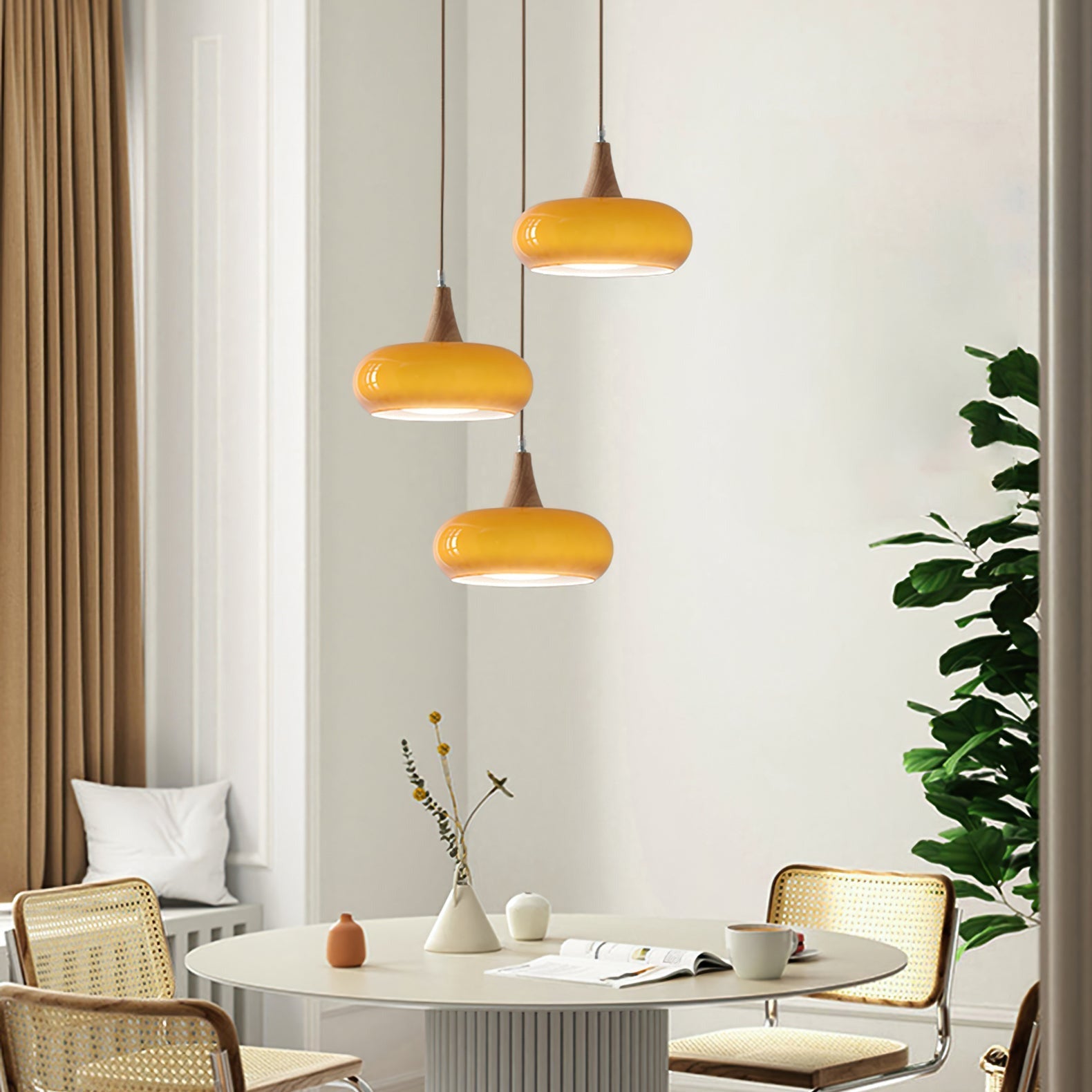 Charlotte Wood and Glass Pendant Light – 3 Heads – White